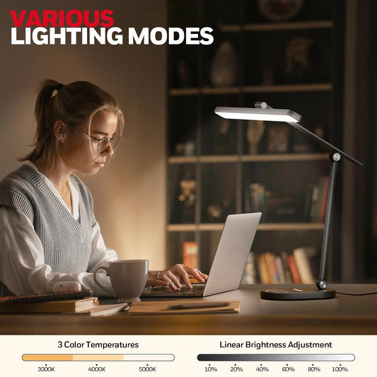 Eye-Caring LED Desk Lamp – Auto Dimming, 3 Color Modes