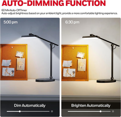 Eye-Caring LED Desk Lamp – Auto Dimming, 3 Color Modes