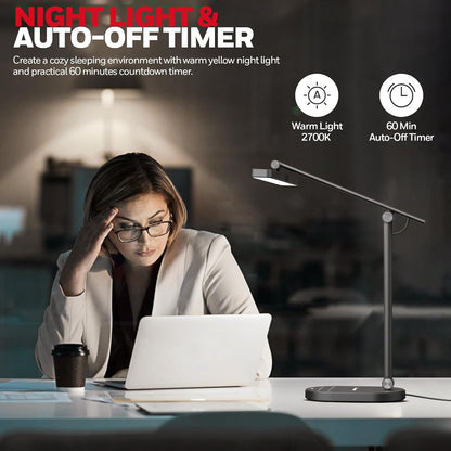 Eye-Caring LED Desk Lamp – Auto Dimming, 3 Color Modes